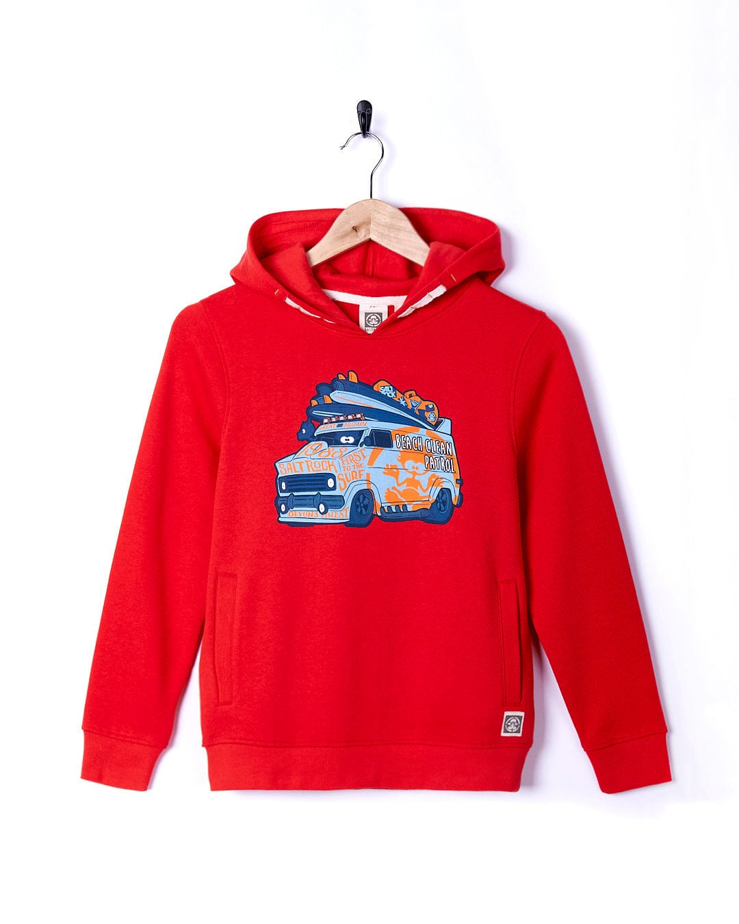 A Beach Patrol - Kids Pop Hoodie - Red by Saltrock with an image of a van with a surfboard on it.