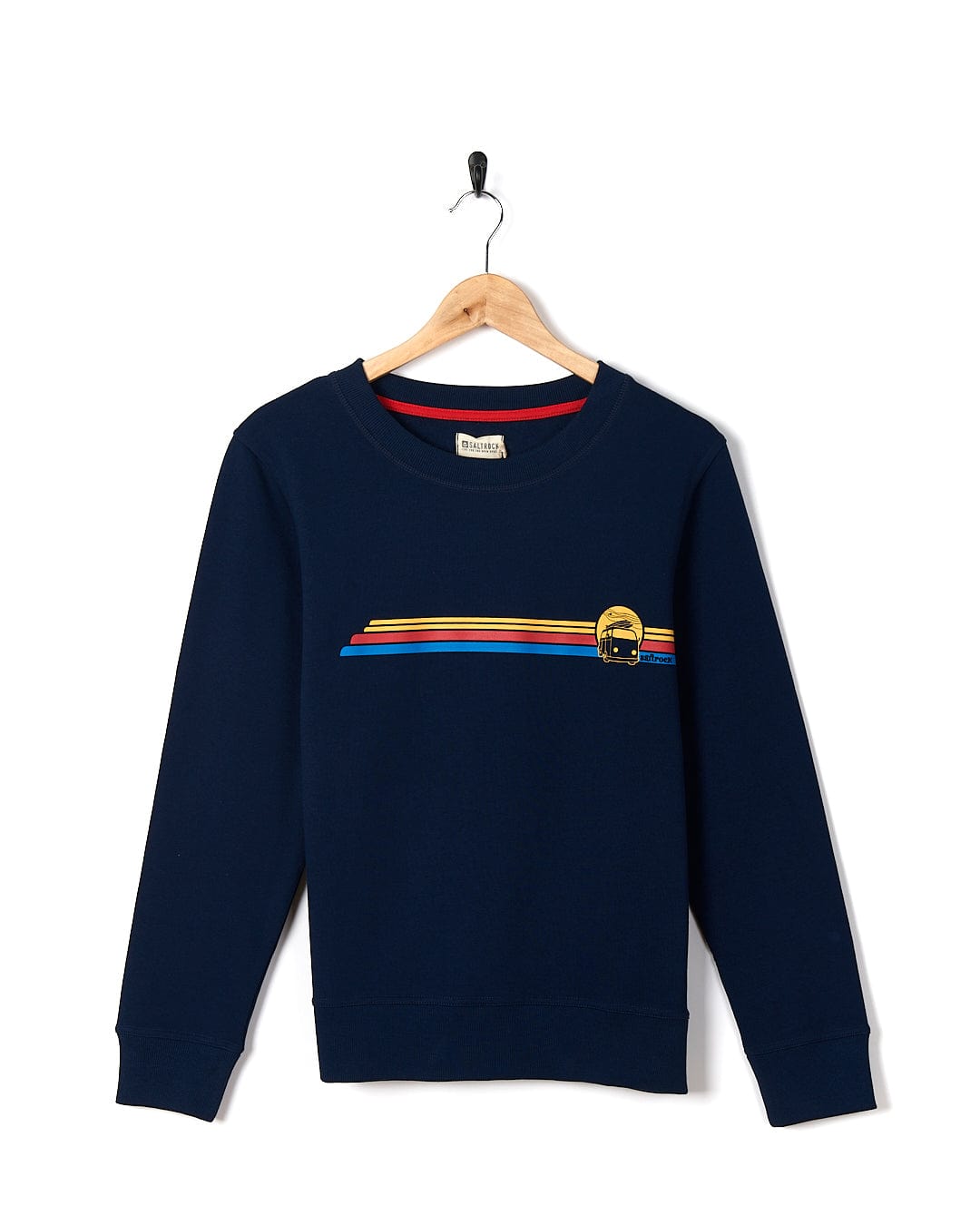 A Celeste Stripe - Womens Crew Sweat - Blue sweatshirt by Saltrock with a rainbow stripe on it.