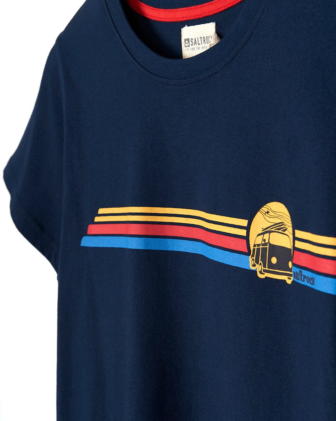 A Saltrock Celeste Stripe - Womens Short Sleeve T-Shirt - Blue with a red, yellow and blue stripe.