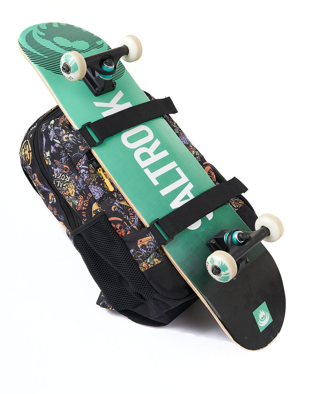 A Creeper Crew - Skatepack - Black backpack with a Saltrock skateboard on it.