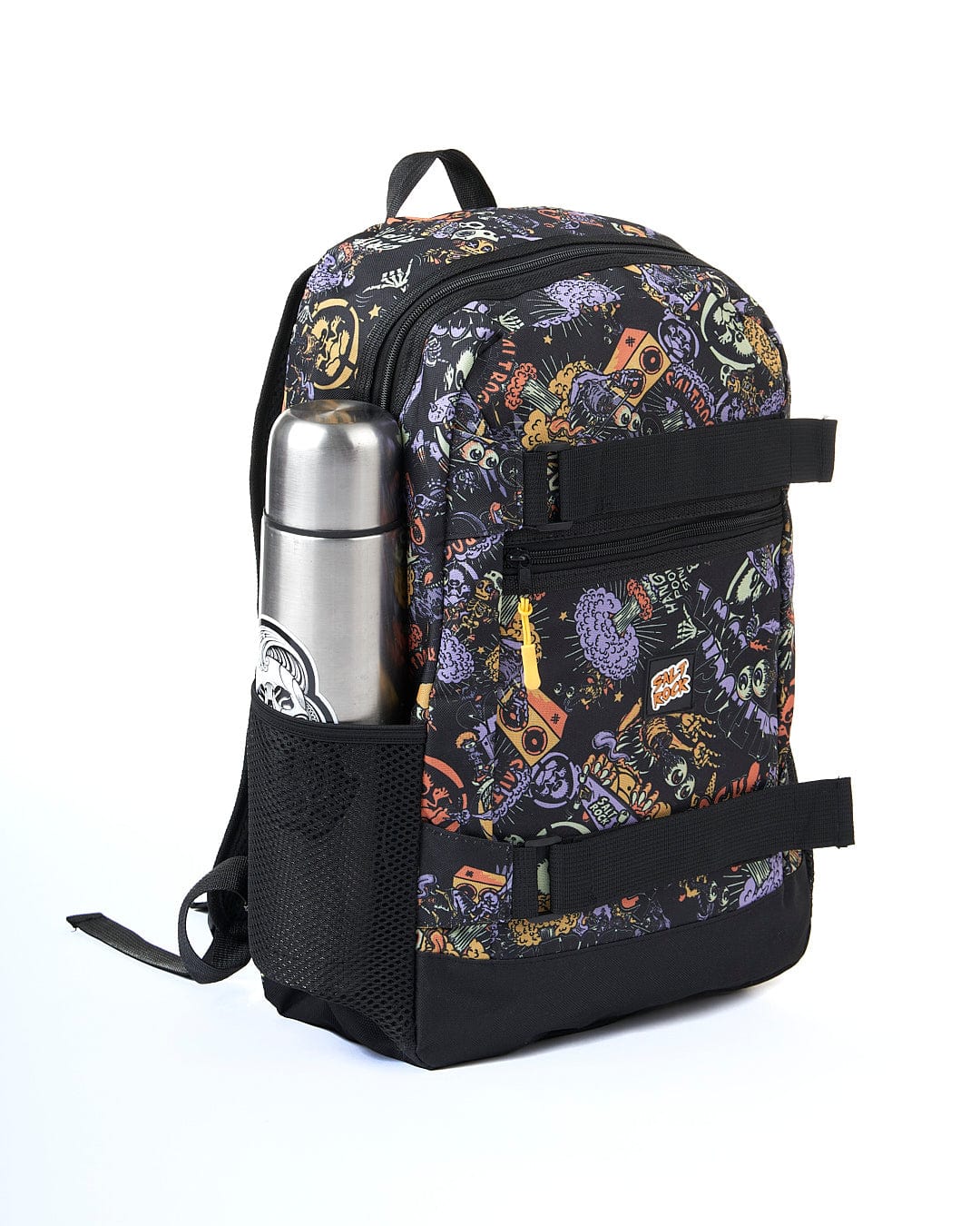A Creeper Crew - Skatepack - Black by Saltrock with a cup and a bottle on it.
