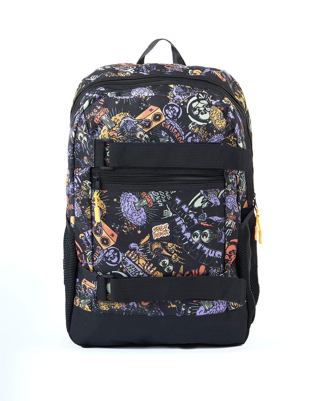 A Creeper Crew - Skatepack - Black backpack with a skull and crossbones design. (Brand: Saltrock)