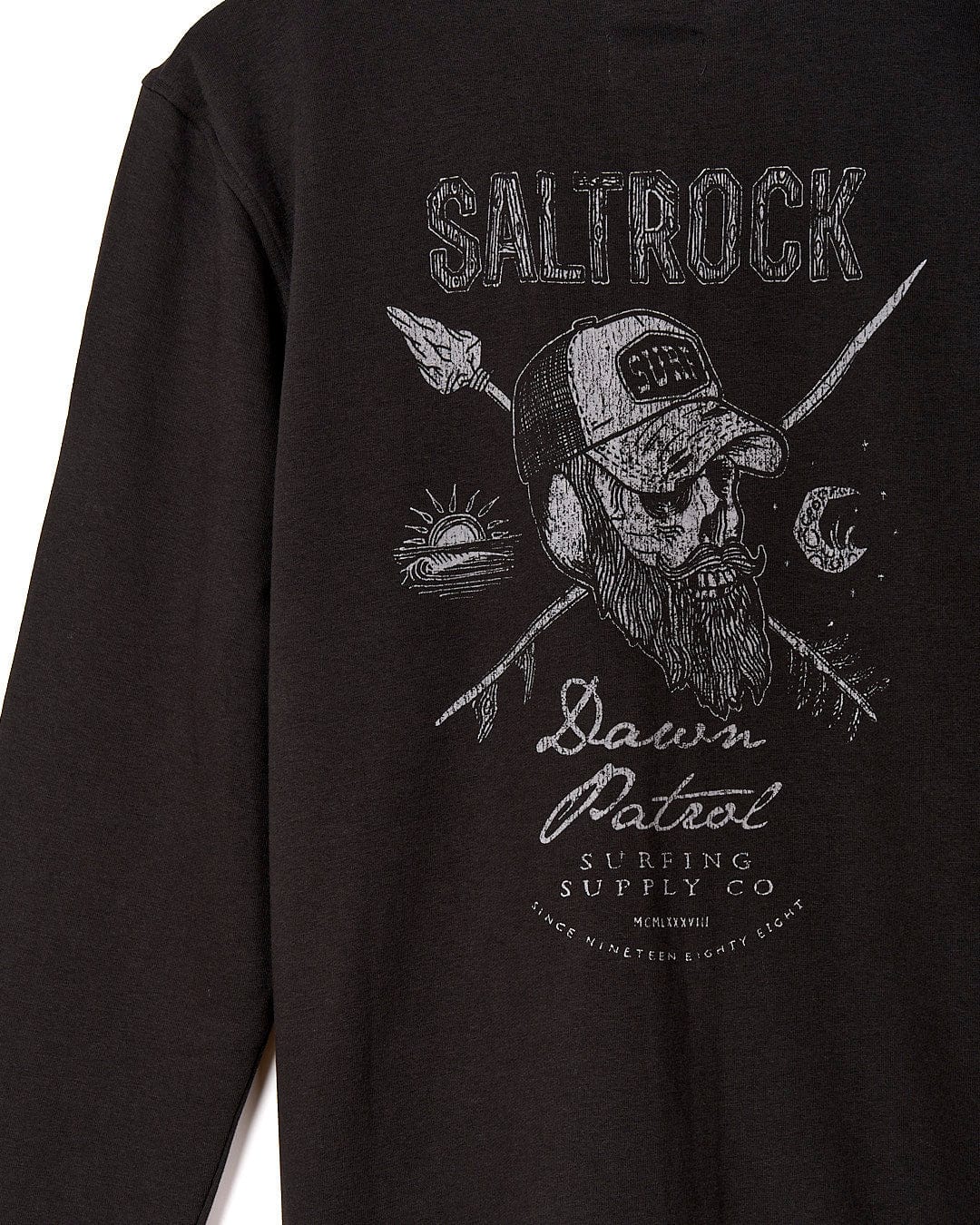 A Dawn Patrol - Men's Zip Hoodie - Black with the brand name Saltrock on it.