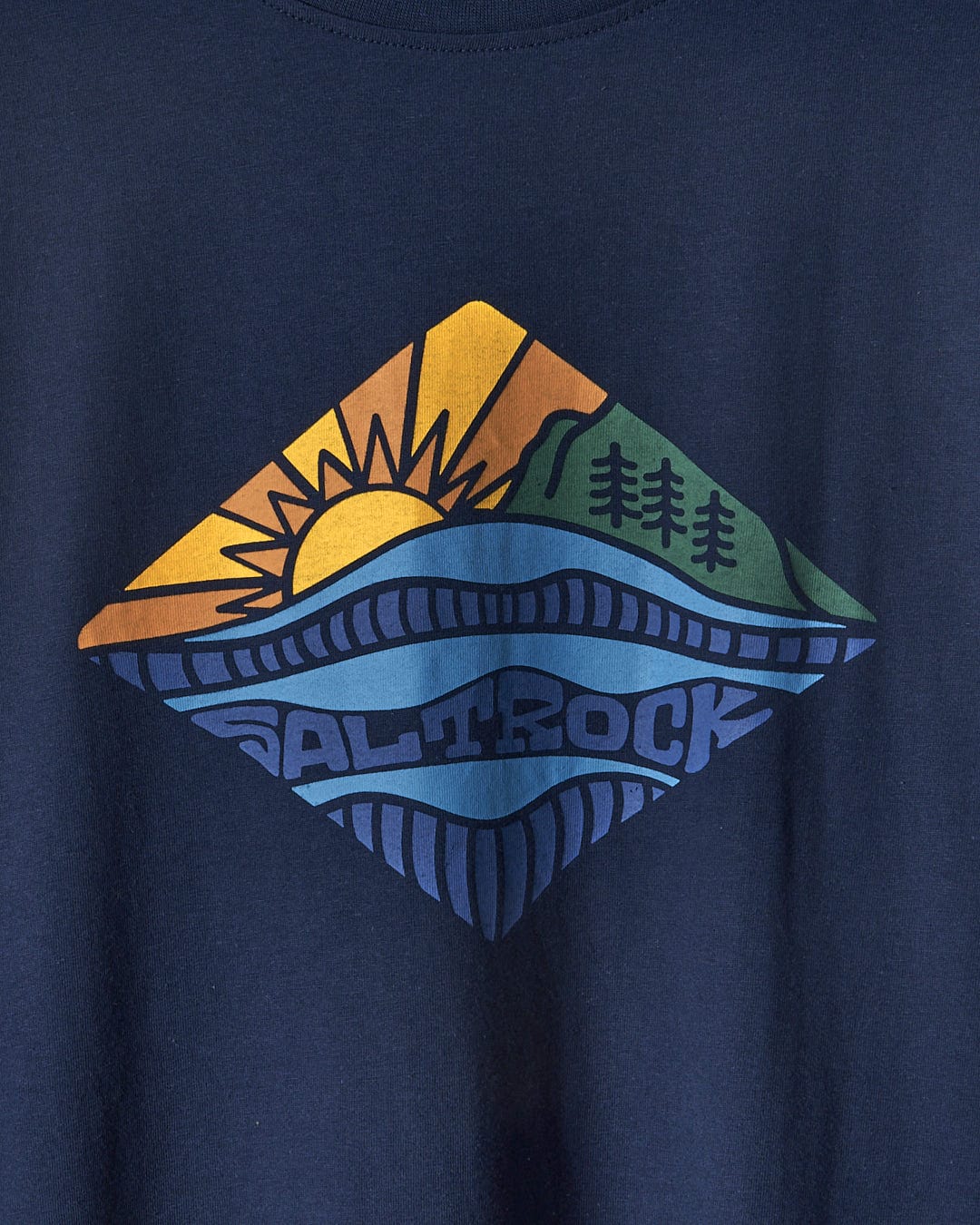 A Saltrock Diamond Scene - Mens Short Sleeve T-Shirt - Blue with an image of the sun and mountains.
