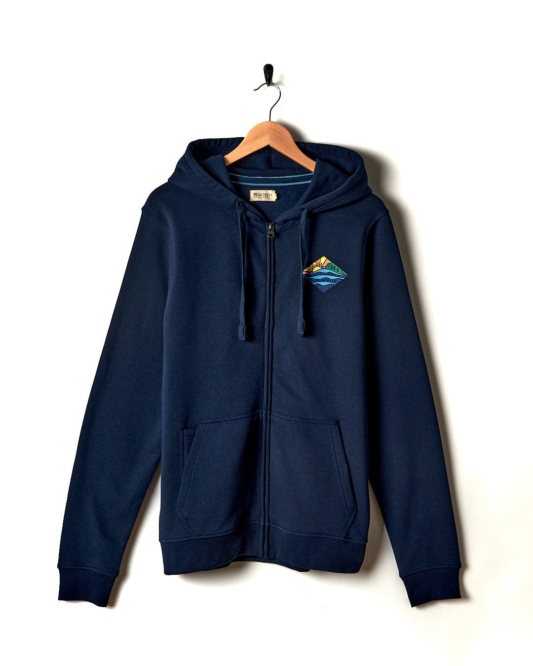 A Saltrock Diamond Scene - Mens Zip Hoodie - Blue with a mountain on it.