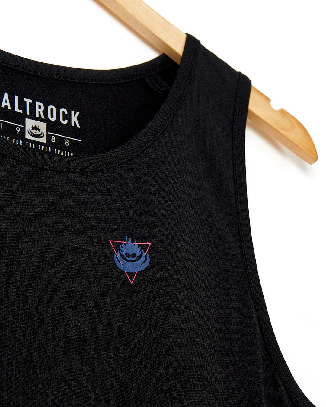 A Flame Tri - Mens Recycled Vest - Black with a blue and pink Saltrock logo on it.