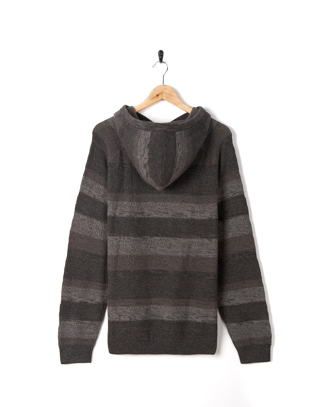 A Saltrock Grohl - Mens Knitted Hoodie - Dark Grey hanging on a wooden hanger.