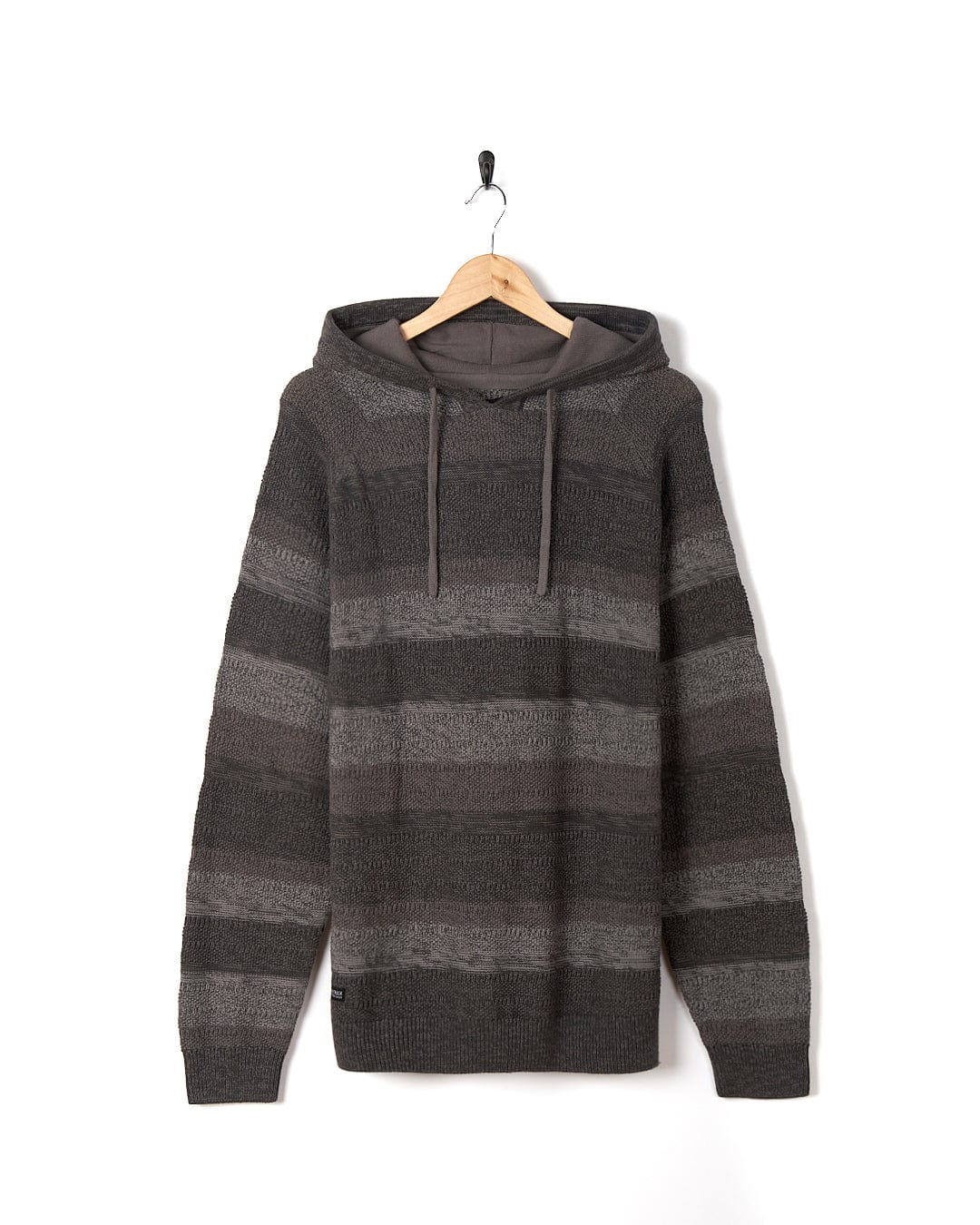 A Saltrock Grohl - Mens Knitted Hoodie - Dark Grey hanging on a hanger.