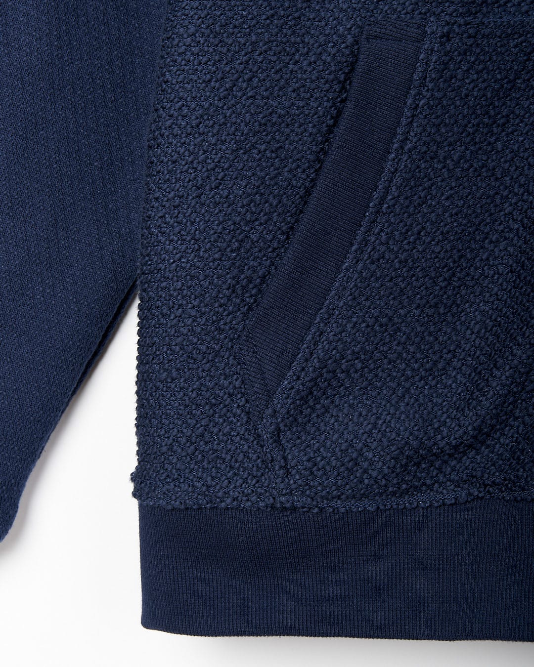 The back of a Saltrock Hall - Mens Orkney Borg Lined Hoodie - Dark Blue hooded sweatshirt.