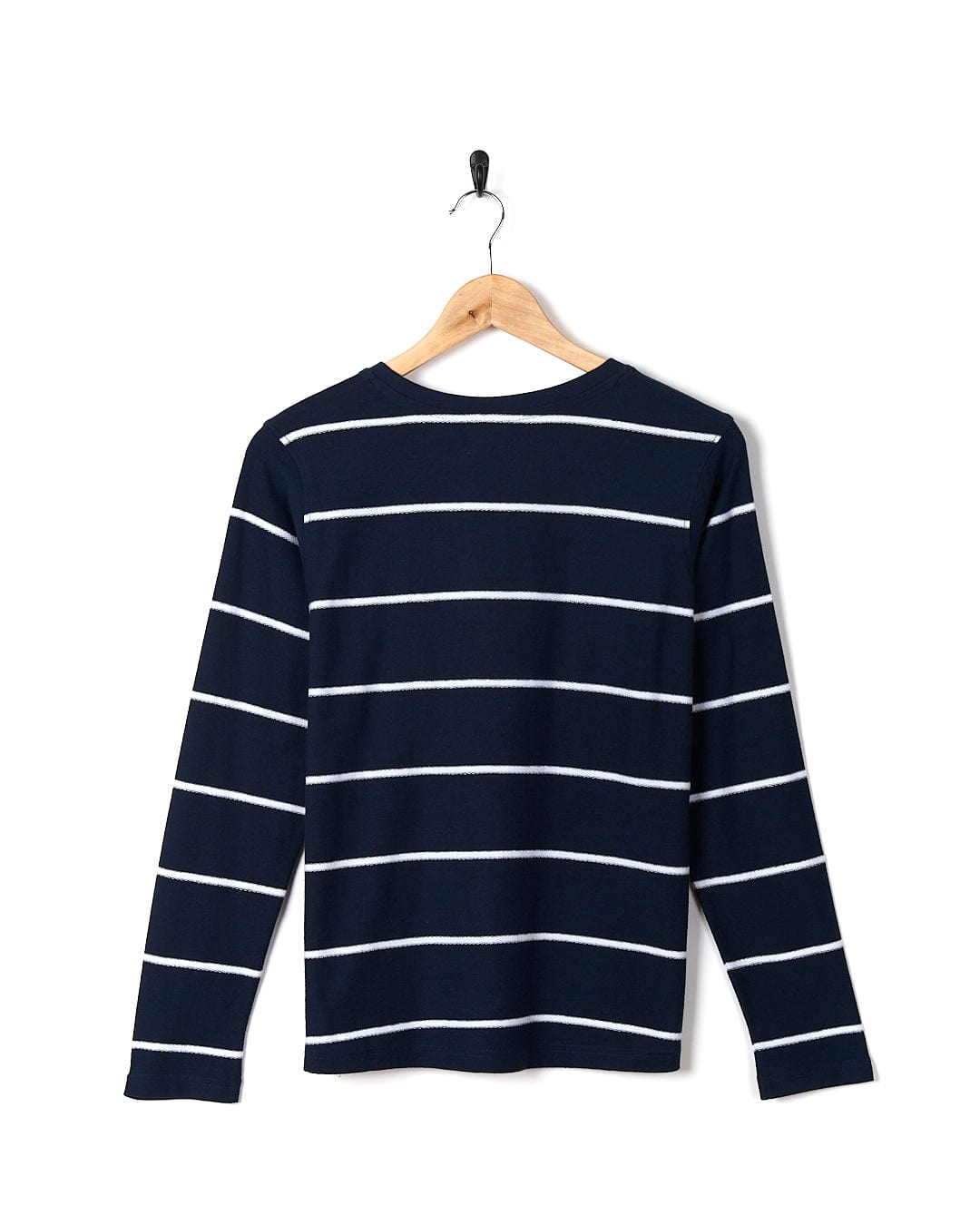 A Saltrock navy blue and white striped women's long sleeve t-shirt hanging on a wooden hanger against a white background.