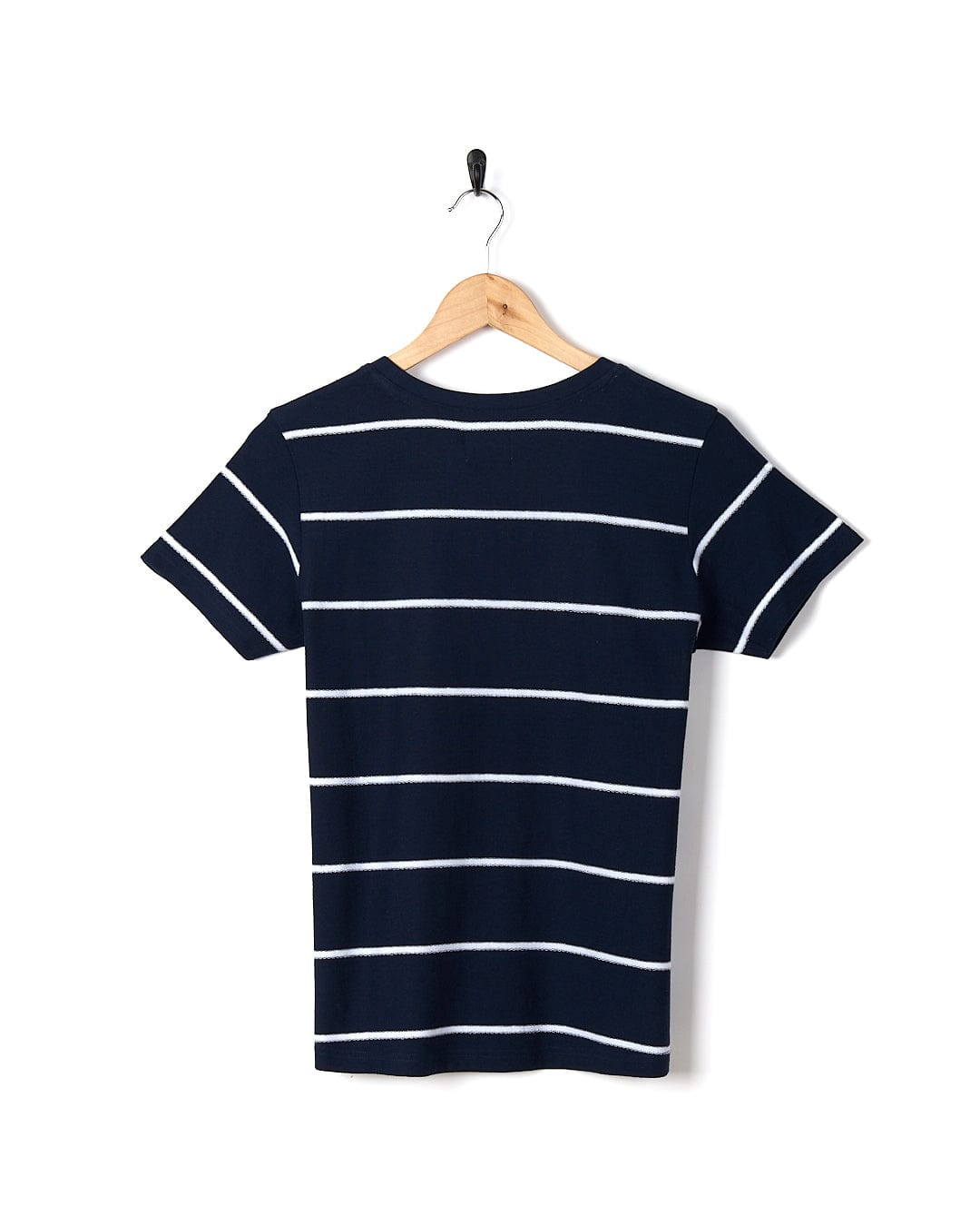 A Saltrock - Womens Striped Short Sleeve T-Shirt - Blue hanging on a wooden hanger.