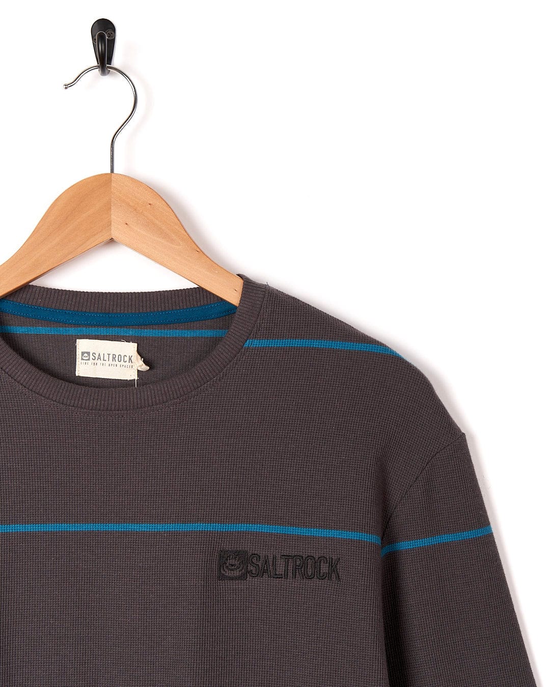 A Saltrock Jasper - Long Sleeve Waffle T-Shirt - Dark Grey with a blue and grey stripe on it.