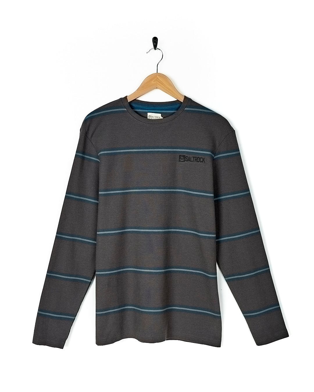 A Saltrock Jasper - Long Sleeve Waffle T-Shirt - Dark Grey hanging on a hanger.