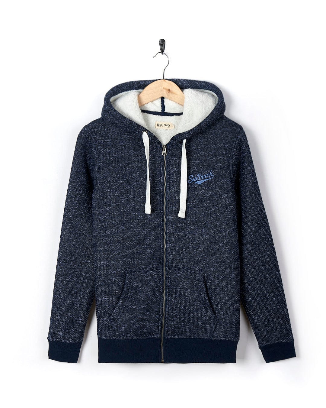 A Jazz - Womens Borg Lined Zip Hoodie - Dark Blue with a blue hood. (Brand: Saltrock)
