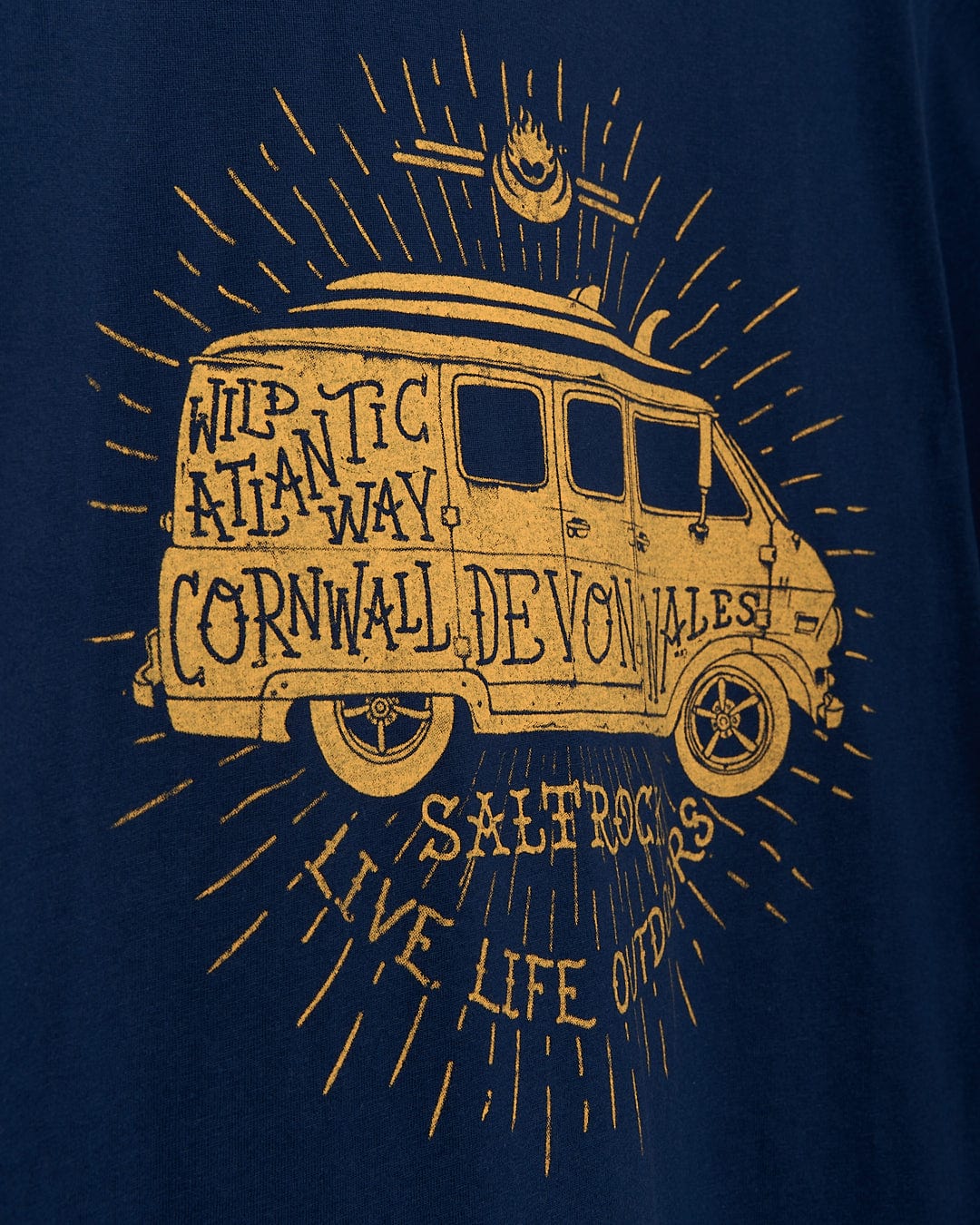 A Live Life Location - Mens Short Sleeve T-Shirt - Blue with an image of a van on it.