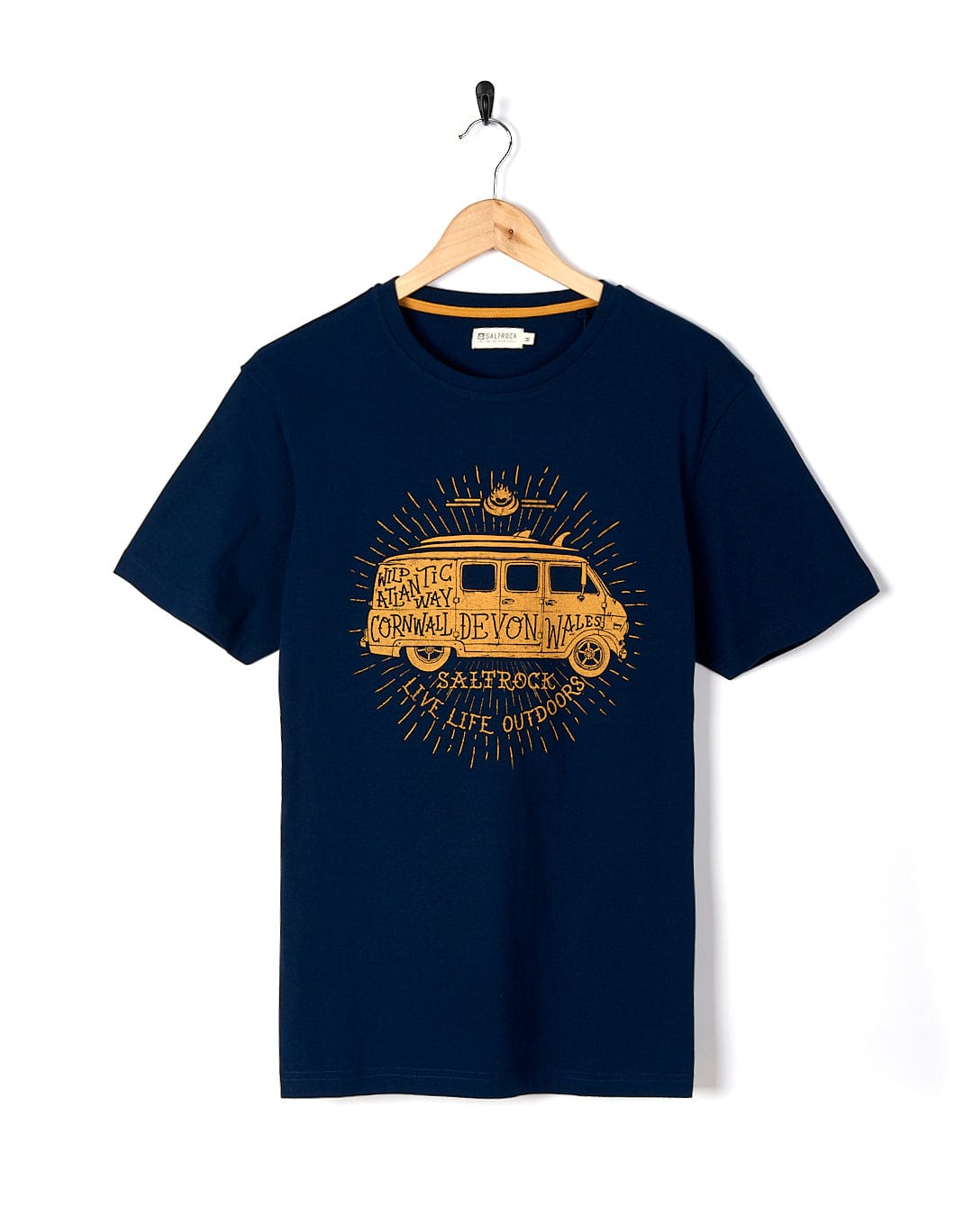 A Saltrock Live Life Location - Mens Short Sleeve T-Shirt - Blue with an image of a van on it.