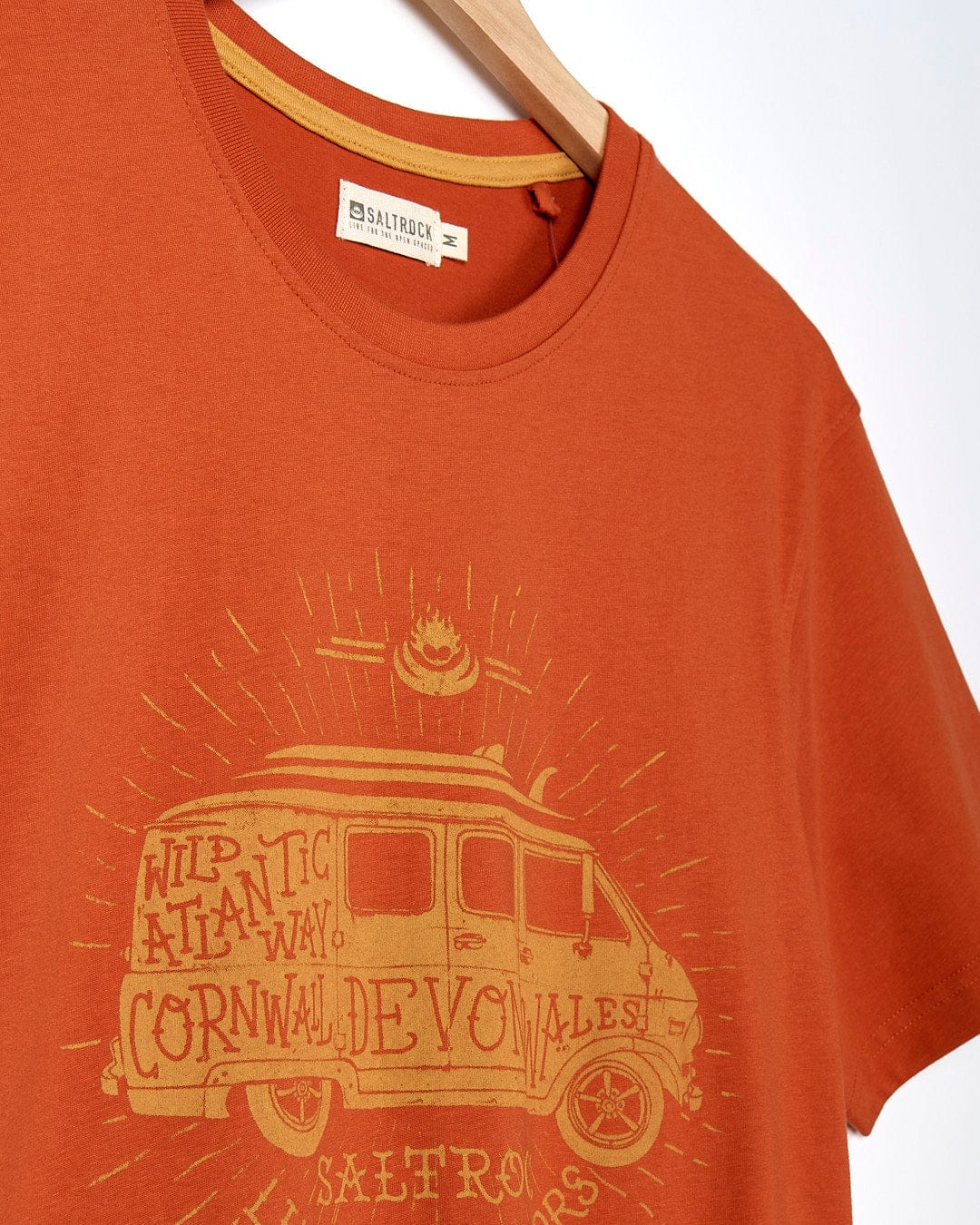 A Saltrock Live Life Location - Mens Short Sleeve T-Shirt - Orange with an image of a van on it.