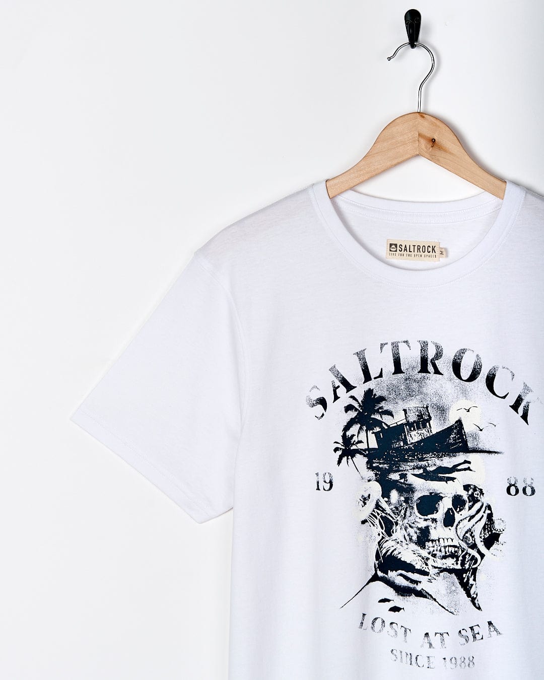 A Lost At Sea Skull - Mens Short Sleeve T-Shirt - White by Saltrock with a skull on it.