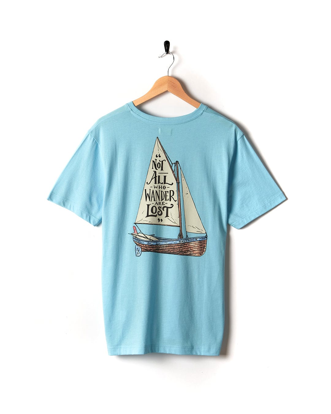 A Lost Ships - Mens Short Sleeve T-Shirt - Turquoise with a sailboat on it.