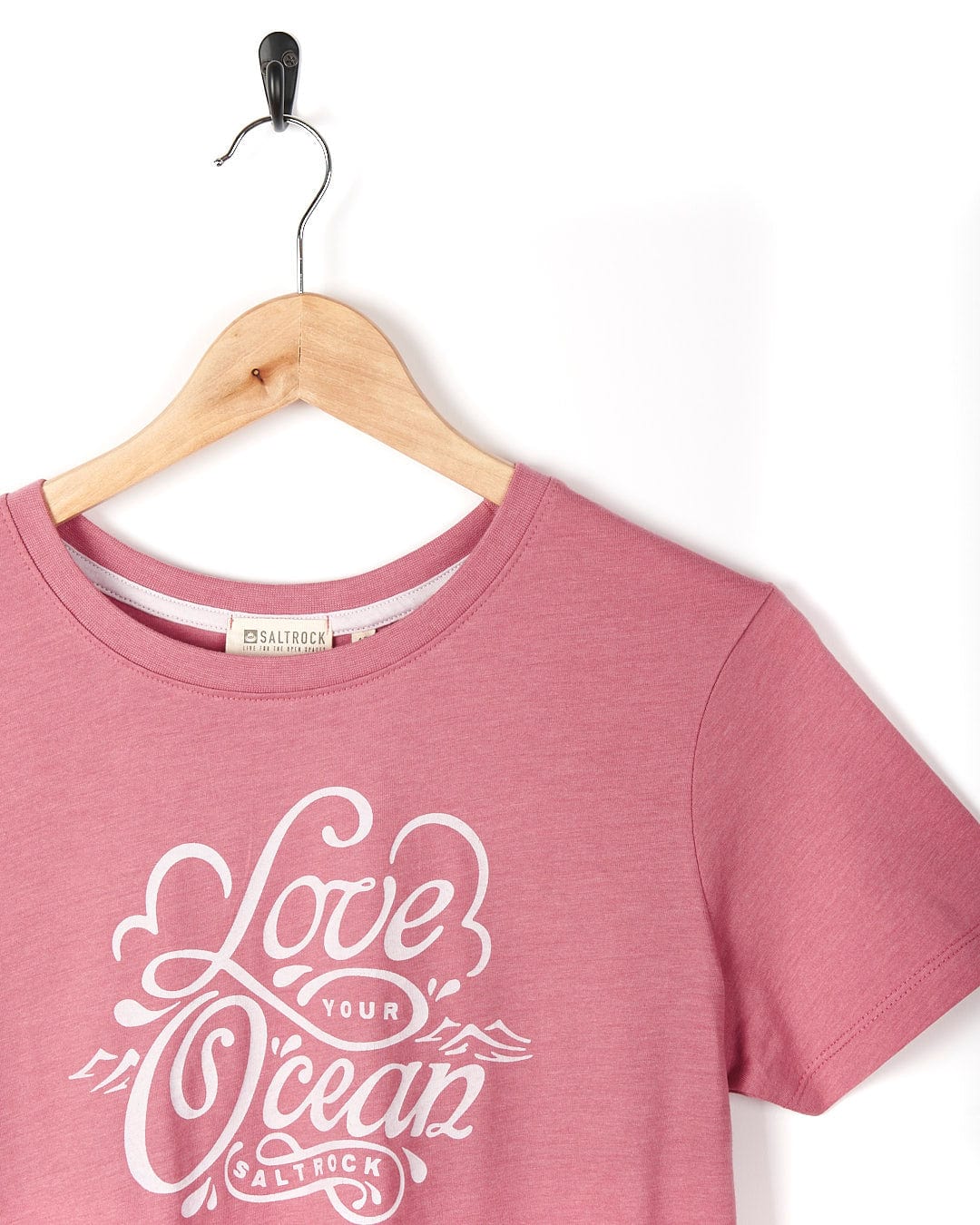 A Saltrock Love Your Ocean - Womens Short Sleeve T-Shirt - Mid Pink with the words love the ocean on it.
