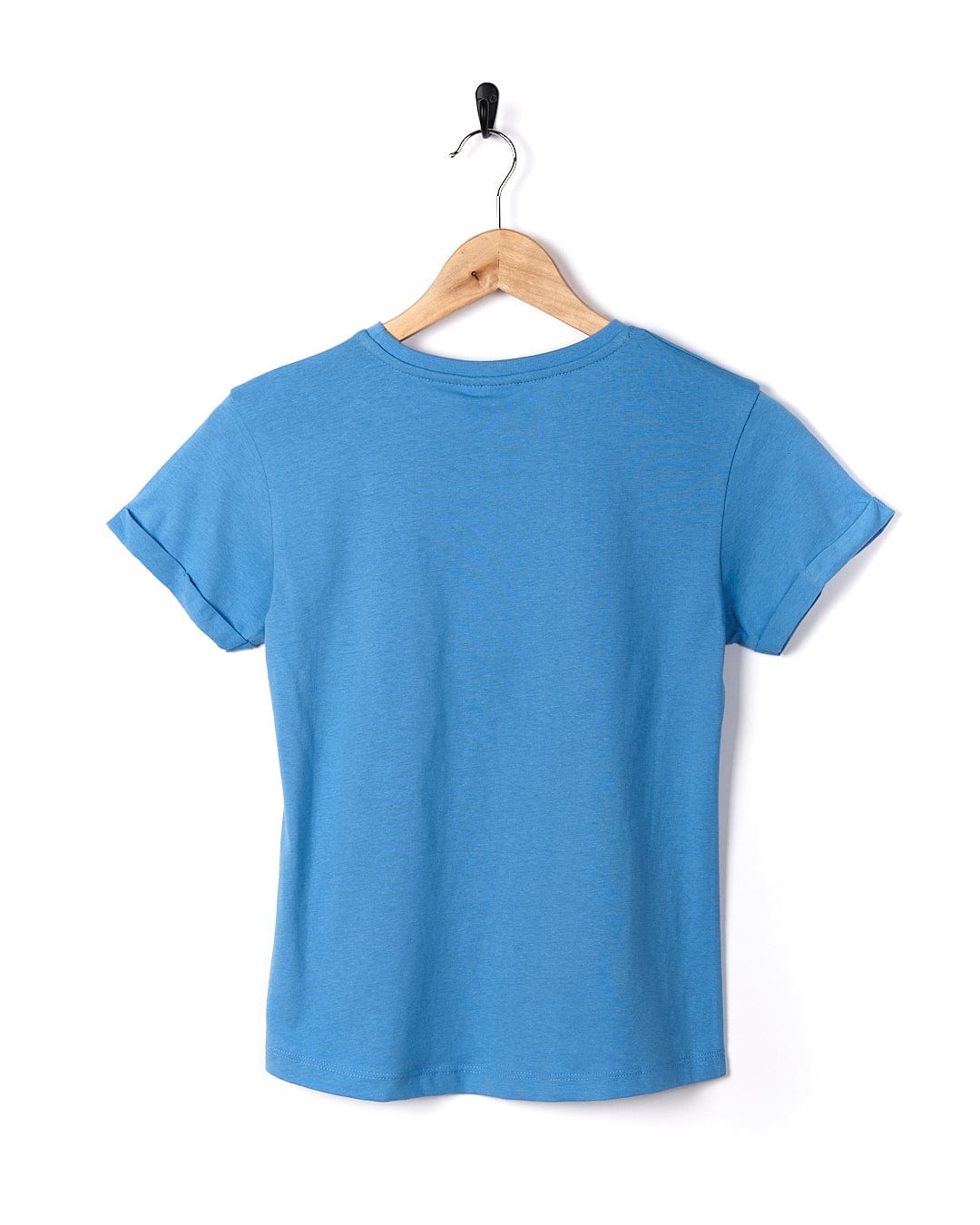 A Mermaid Surf - Kids Short Sleeve T-Shirt - Light Blue with a "Love Your Ocean" message hanging on a wooden hanger.