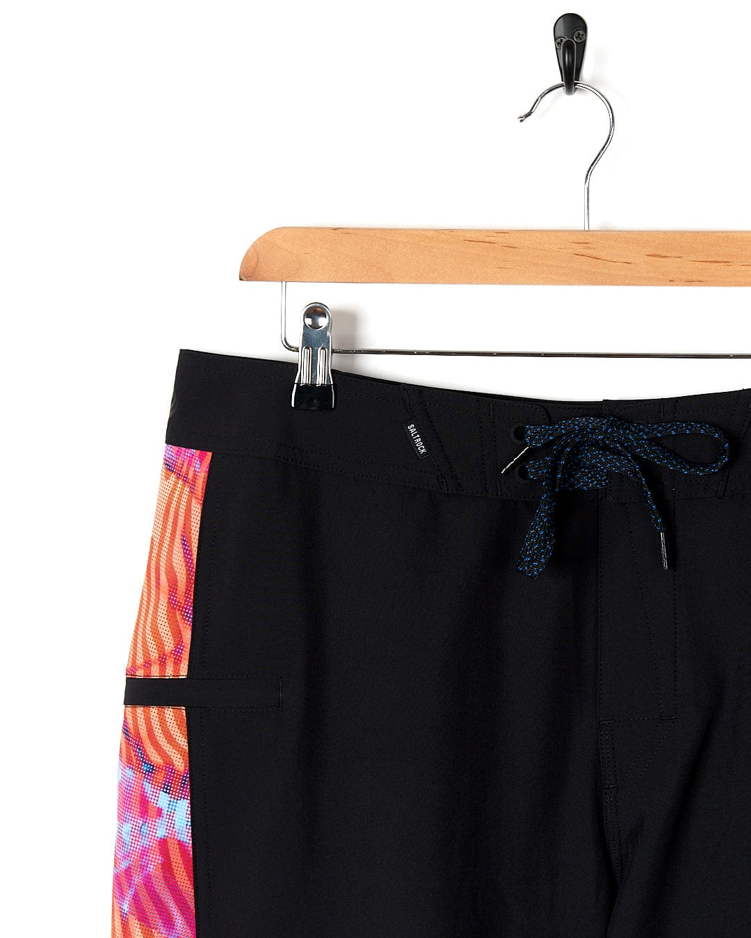 A Saltrock Poolside Panel - Mens Recycled 4-Way Stretch Boardshort - Black with a colorful pattern.