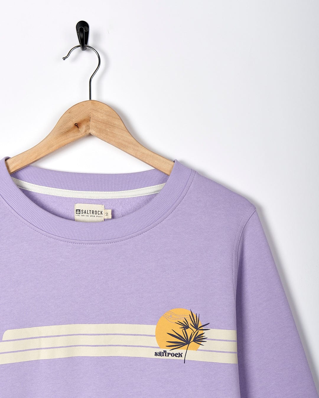 A Saltrock Poster Stripe - Womens Crew Sweat - Light Purple with a palm tree on it.