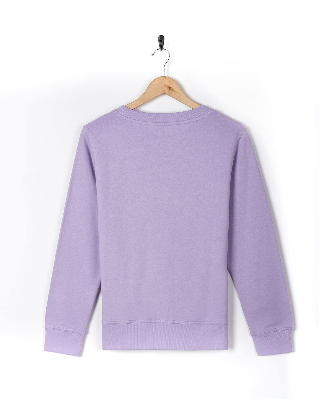 A Saltrock Poster Stripe - Womens Crew Sweat - Light Purple sweatshirt hanging on a hanger.