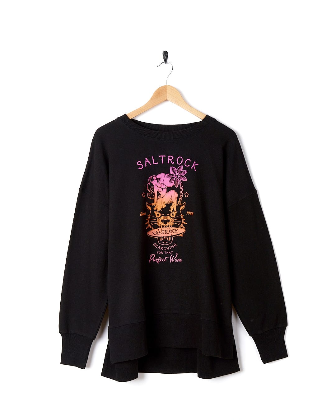 A Saltrock Purfect Wave Gradient - Womens Boyfriend Fit Sweat - Black sweatshirt with an image of a skull on it.