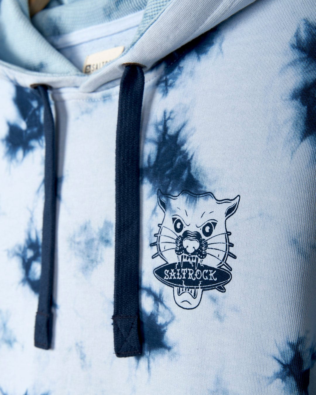 A Purfect Wave - Mens Tie Dye Pop Hoodie - Light Blue Saltrock hoodie with a cat on it.