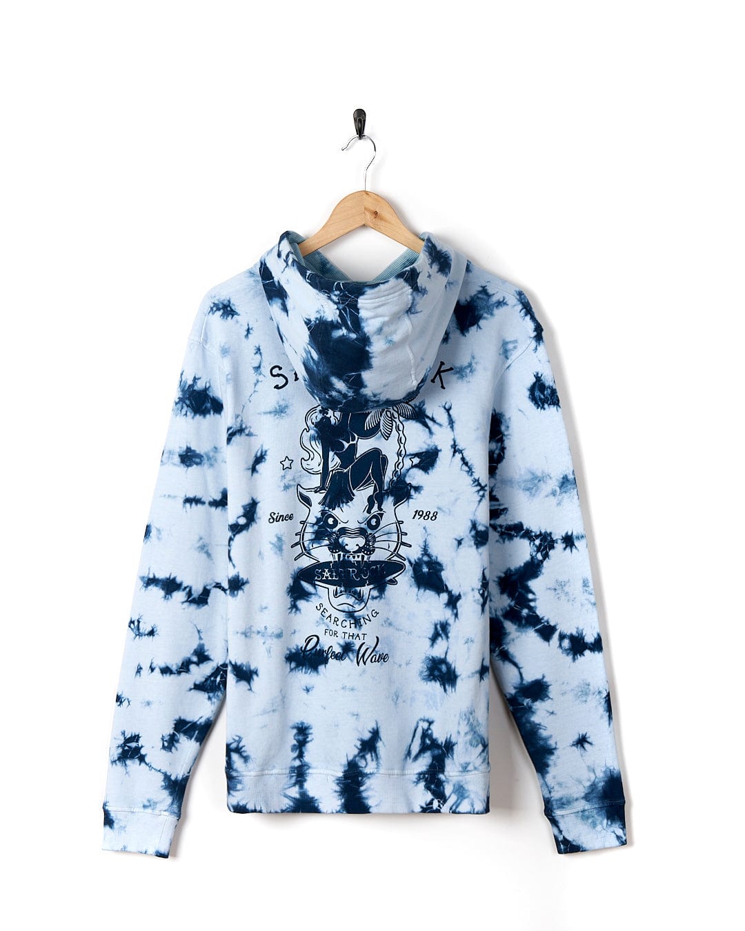 A Saltrock Purfect Wave - Mens Tie Dye Pop Hoodie - Light Blue hanging on a hanger.