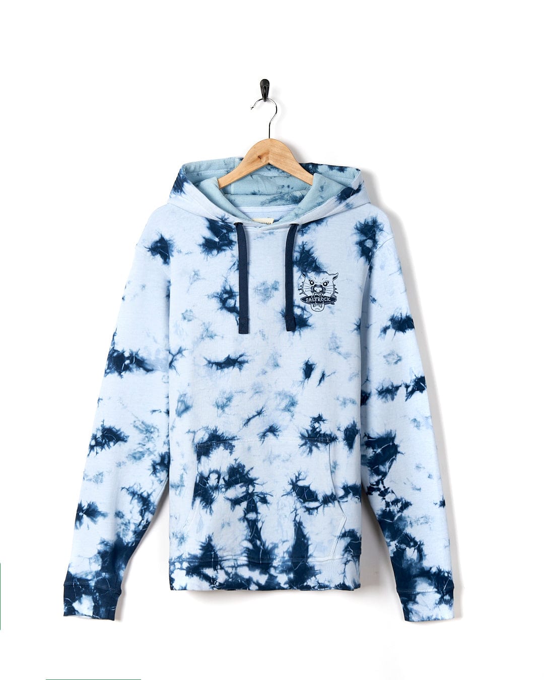 A Purfect Wave - Mens Tie Dye Pop Hoodie - Light Blue by Saltrock hanging on a hanger.