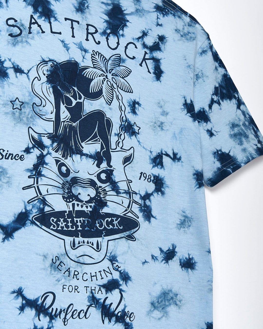 A Saltrock Purfect Wave - Mens Tie Dye Short Sleeve T-shirt - Light Blue with the word Saltrock on it.