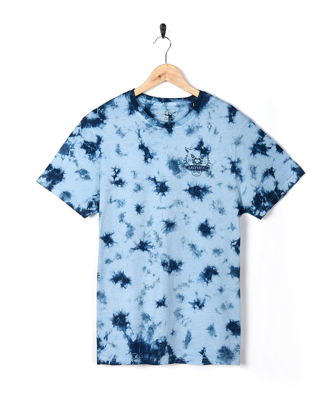 A Saltrock - Purfect Wave Mens Tie Dye Short Sleeve T-shirt - Light Blue with a black and white design.