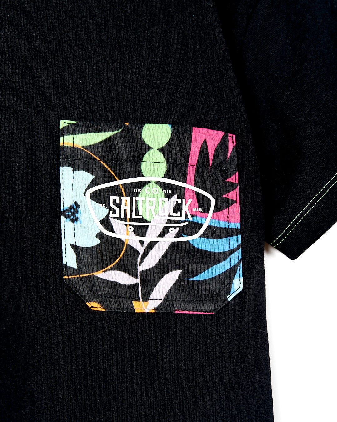 A Saltrock Rayssa - Kids Short Sleeve Pocket T-Shirt - Black with a colorful pocket.