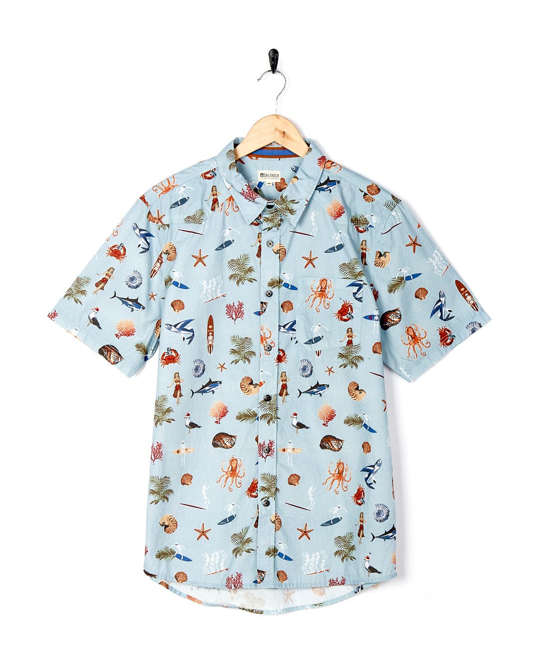 A Saltrock Ruan - Mens Washed Short Sleeve Shirt - Light Blue with an ocean print.