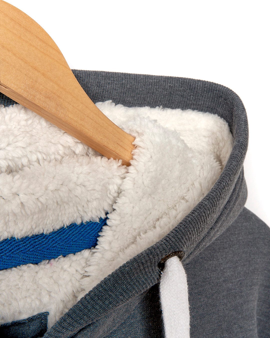 A Saltrock grey hoodie with a blue and white striped hood.