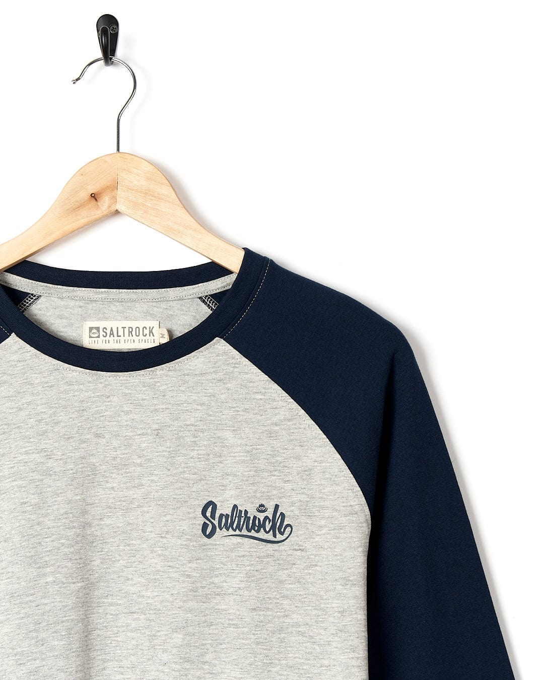A grey and navy Speed - Mens Long Sleeve Raglan T-Shirt - Blue sweatshirt by Saltrock.
