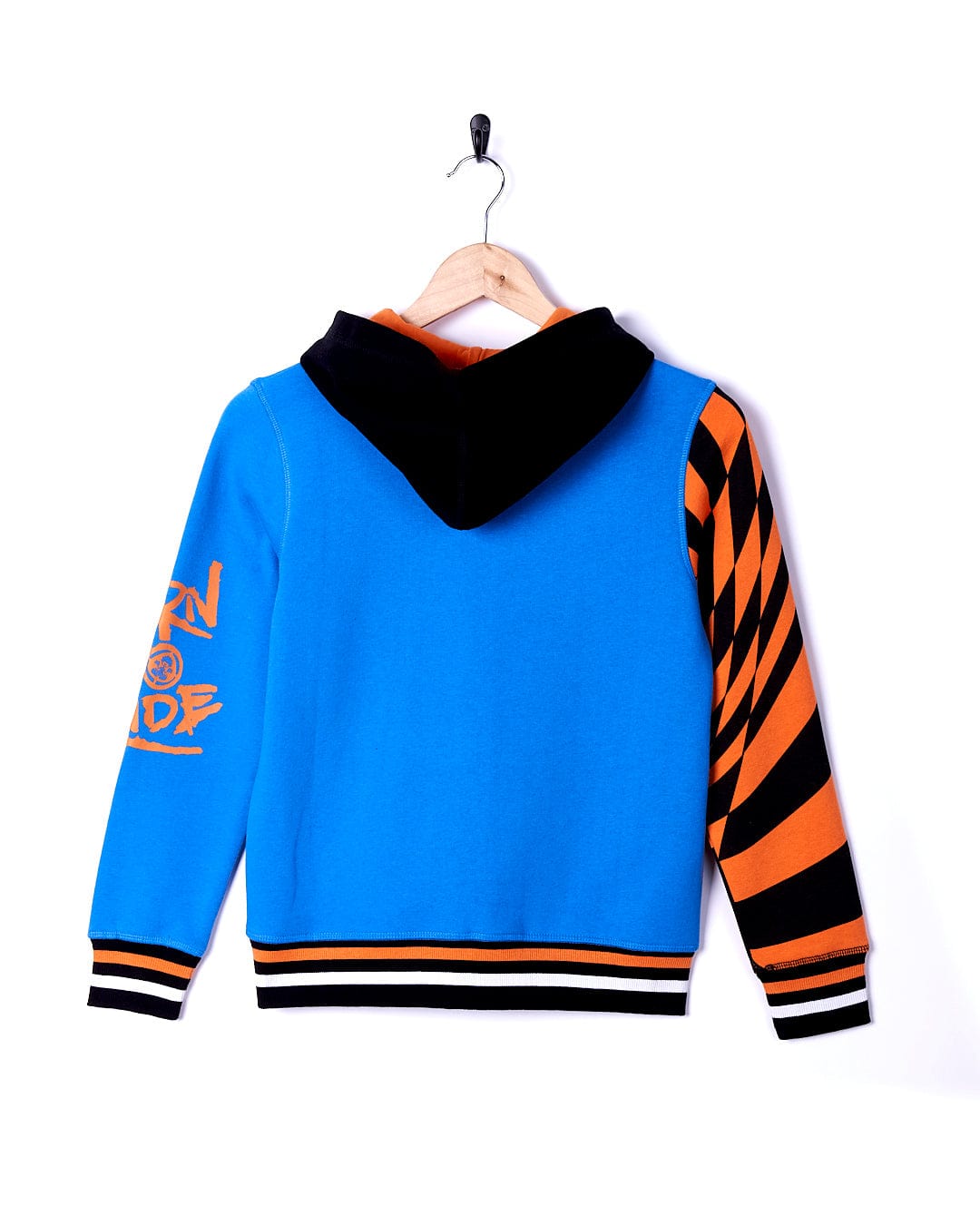 A Saltrock Warp Ride - Kids Zip Hoodie - Blue hanging on a hanger.