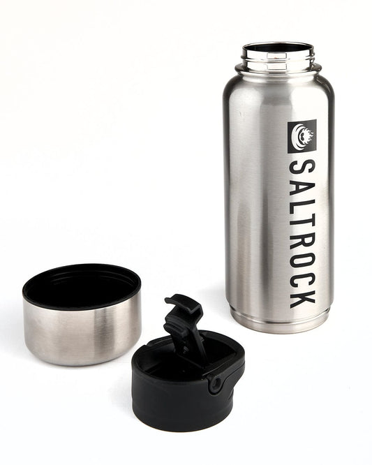 A 32 oz capacity Stash stainless steel water bottle with a double-walled design and black lid by Saltrock.