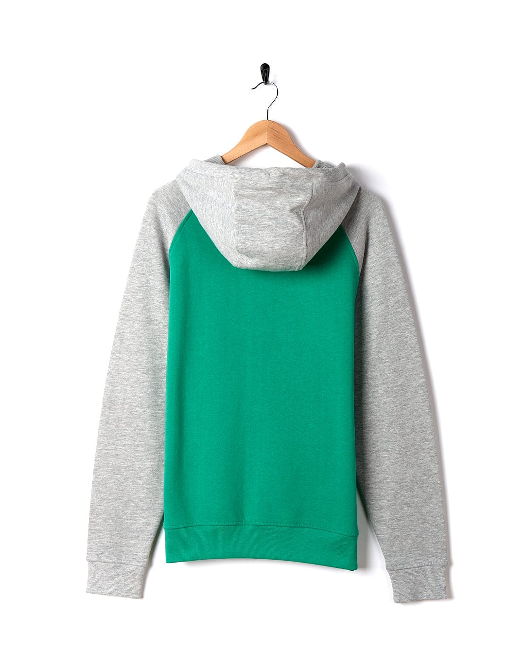 A Saltrock Stencil - Mens Zip Hoodie - Green and grey hanging on a hanger.