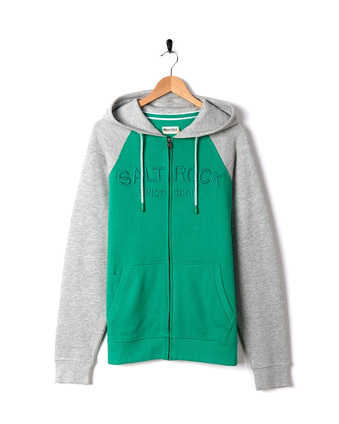 A Stencil - Mens Zip Hoodie - Green and grey hooded sweatshirt hanging on a hanger by Saltrock.