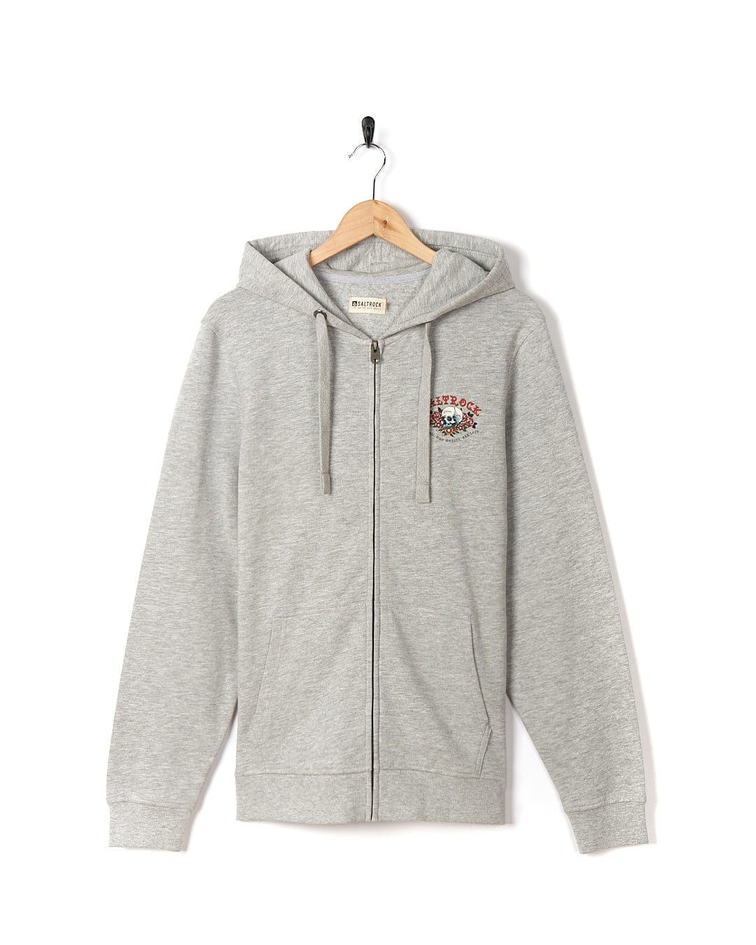 A Tattoo Island - Mens Zip Hoodie - Grey with a Saltrock logo on it.