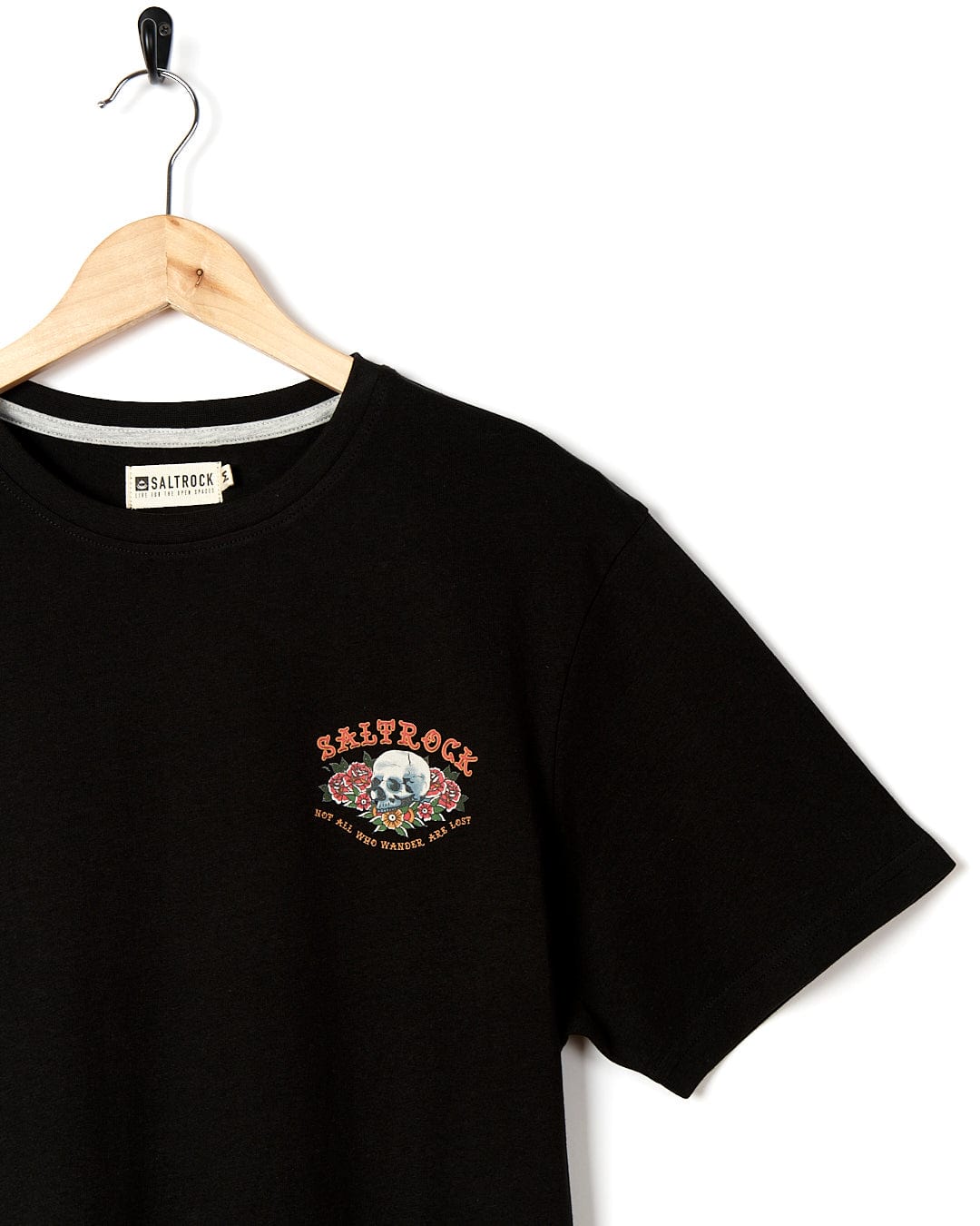 A Saltrock - Tattoo Island Mens Short Sleeve T-Shirt - Black with a skull and crossbones on it.
