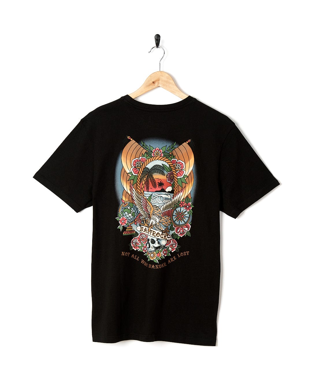 A Saltrock Tattoo Island - Mens Short Sleeve T-Shirt - Black with an image of a bird on it.