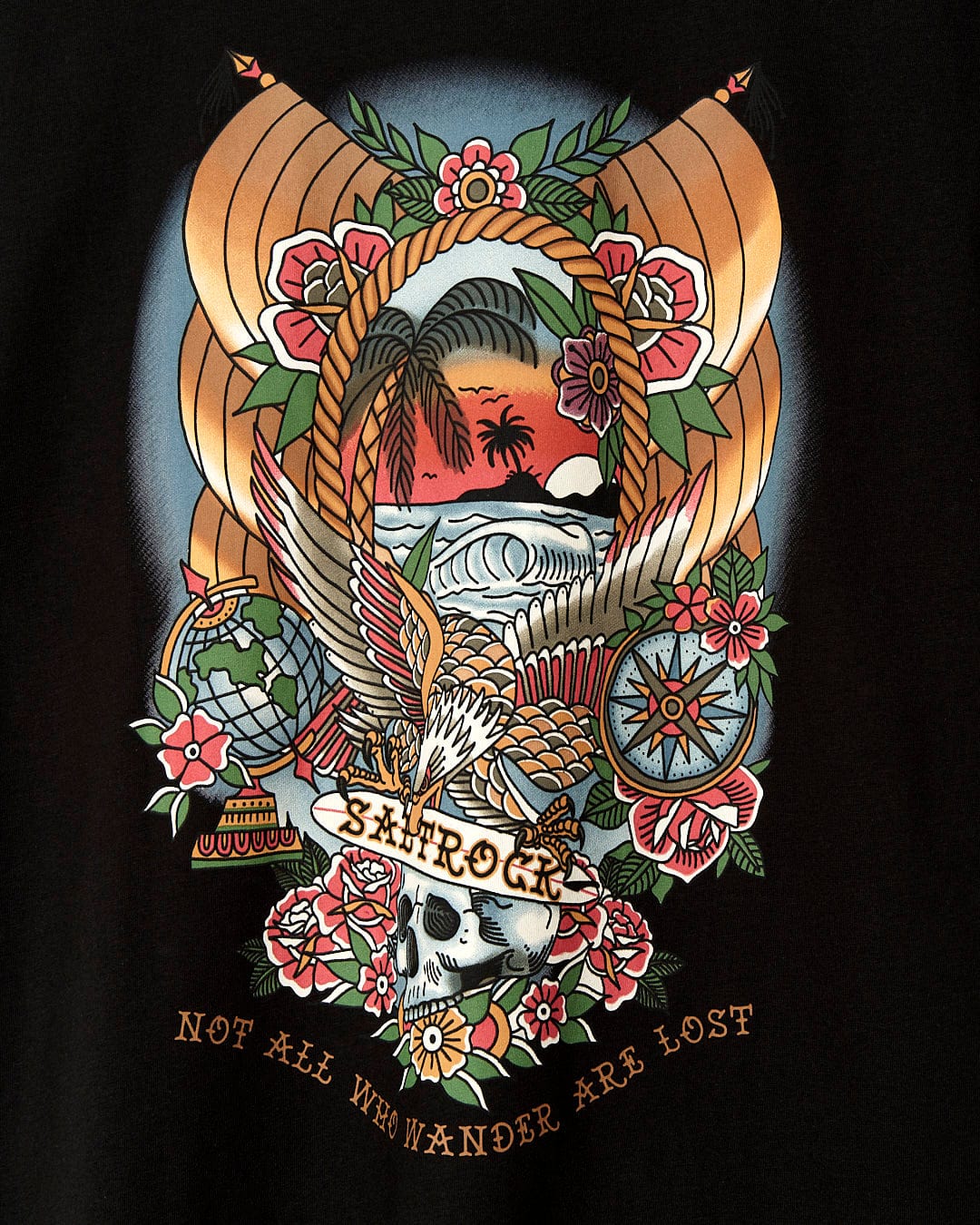 A Saltrock Tattoo Island - Mens Short Sleeve T-Shirt - Black with an image of an eagle and a skull.