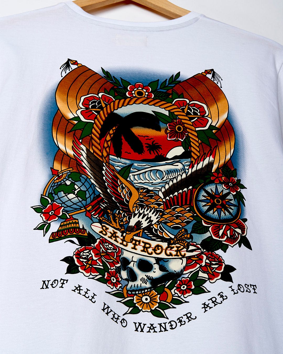 A Tattoo Island - Mens Short Sleeve T-Shirt - White with an image of an eagle on it by Saltrock.