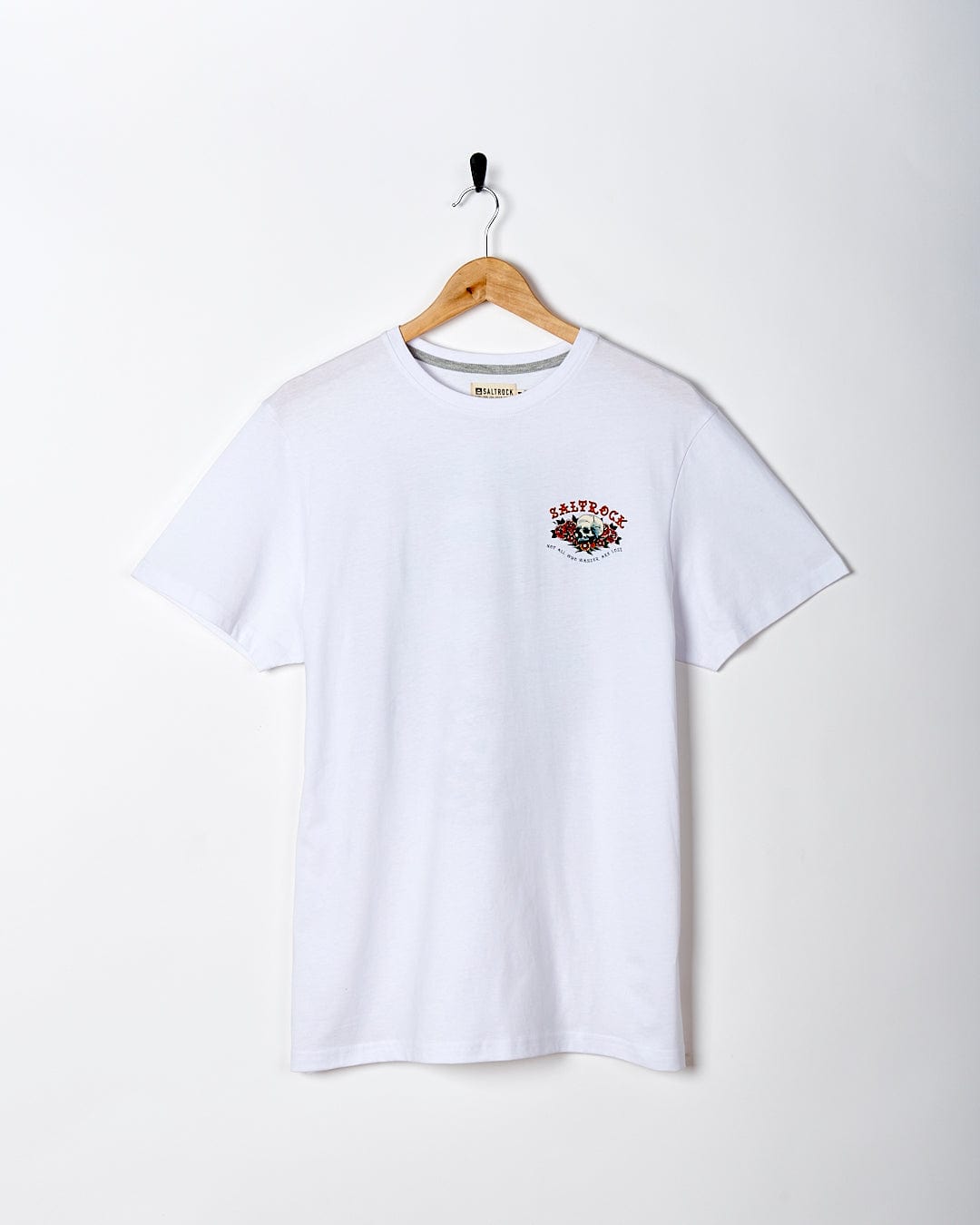 A Saltrock- Tattoo Island - Mens Short Sleeve T-Shirt - White with an image of a motorcycle on it.