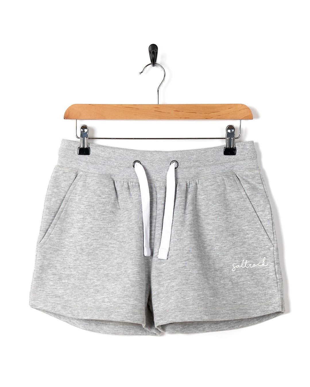 A Saltrock Velator - Women's Sweat Short - Light Grey with a white logo on it.