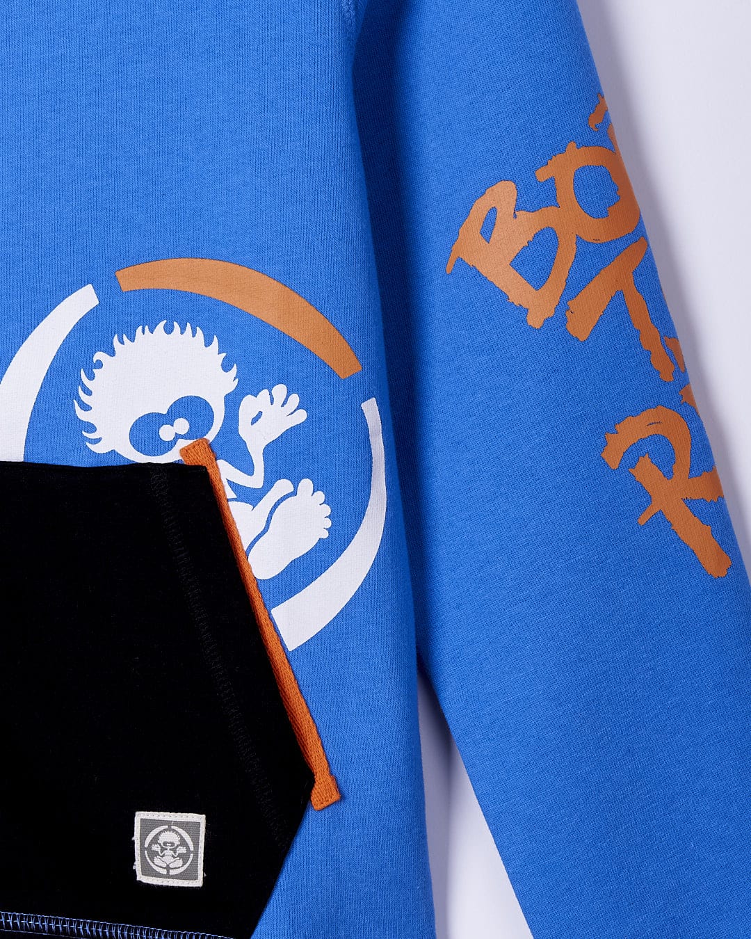 A Saltrock Warp Ride - Kids Zip Hoodie - Blue with an orange and blue logo on it.